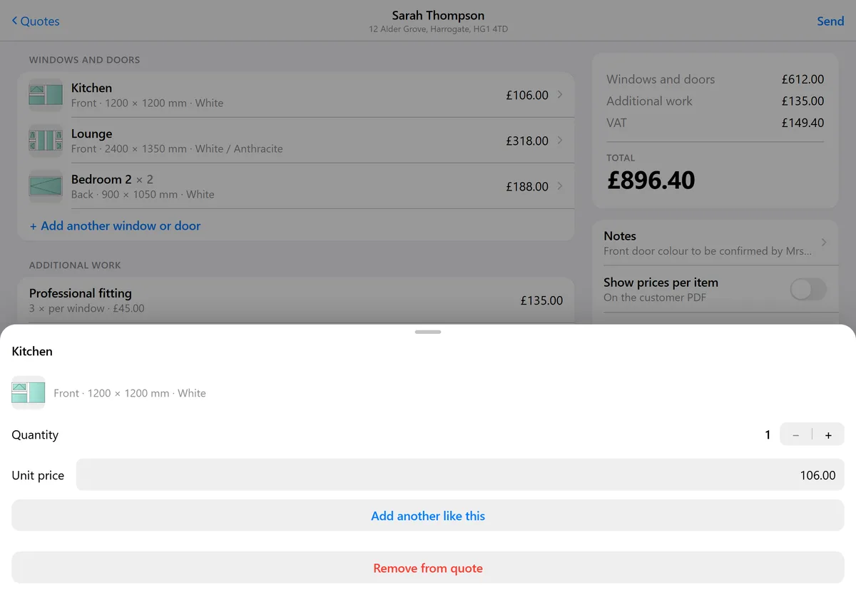 A window opened on the quote screen, showing its quantity control, unit price and the option to add another like it.