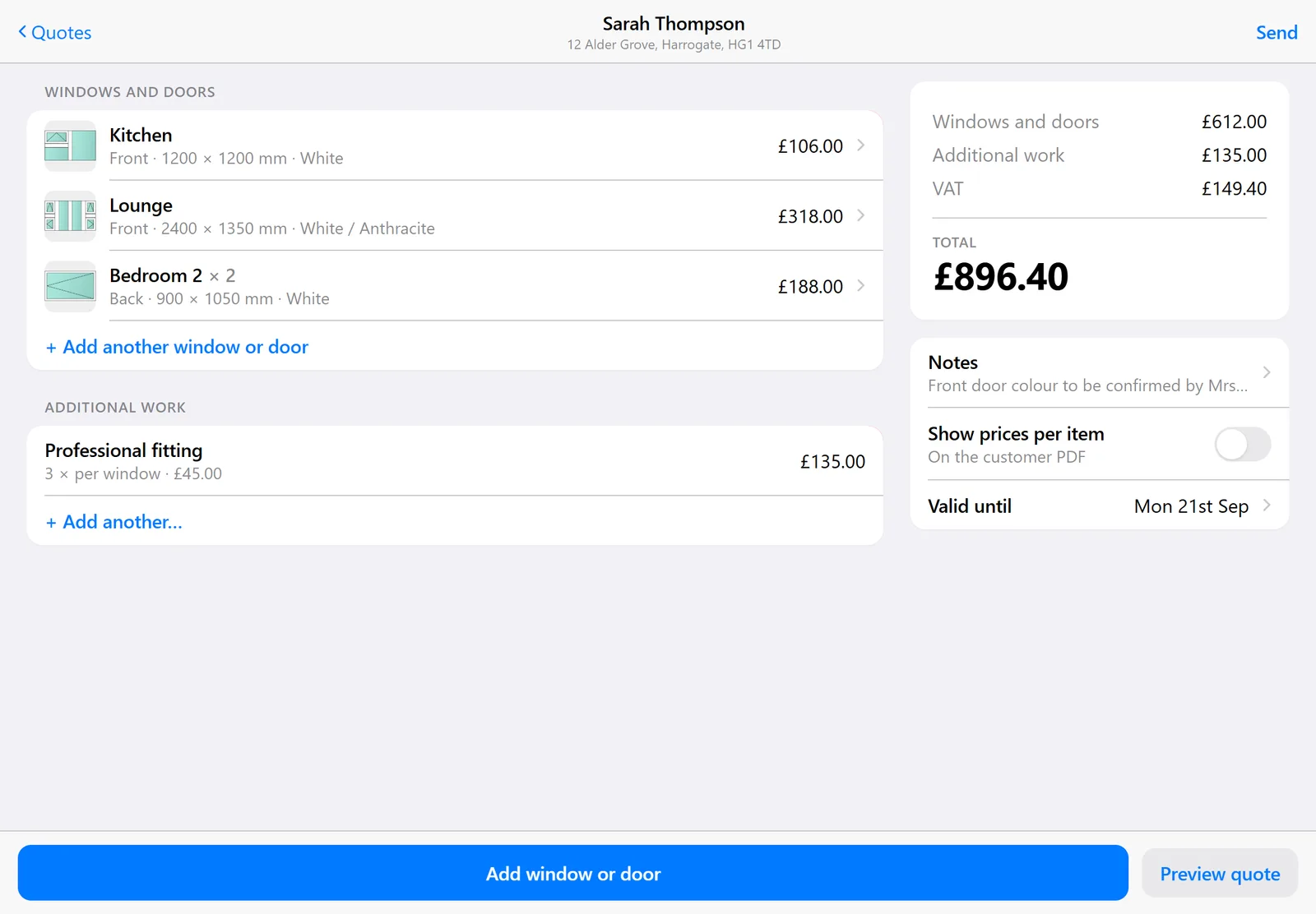 The GlazeQuote quote screen on a tablet, showing three window lines with prices, a running total and the actions to add a window or preview the quote.